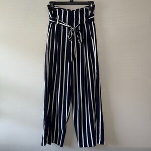 A New Day Navy Light Blue and White Vertical Striped Flowy Dress Pants with Belt
